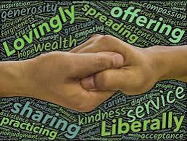 Two hands grasping the fingers of one another, surrounded by a word collage including the words: generosity, lovingly, trust, spreading, offering, compassion, sharing, practicing, kindness, dignity, service, acceptance, and nonjudgement.