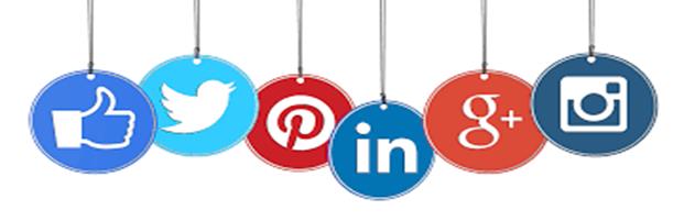 Icon with social media emblems: facebook like icon, twitter logo, pinterest logo, LinkedIn logo, Google plus logo, Instagram logo.