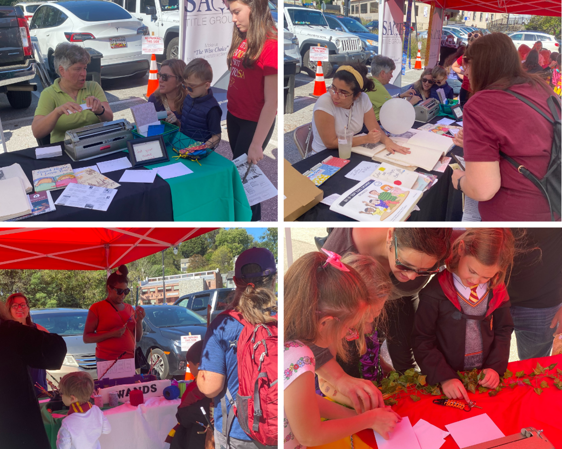 Collage of four photos of NFBMD members at Wizarding Weekend exhibit tables