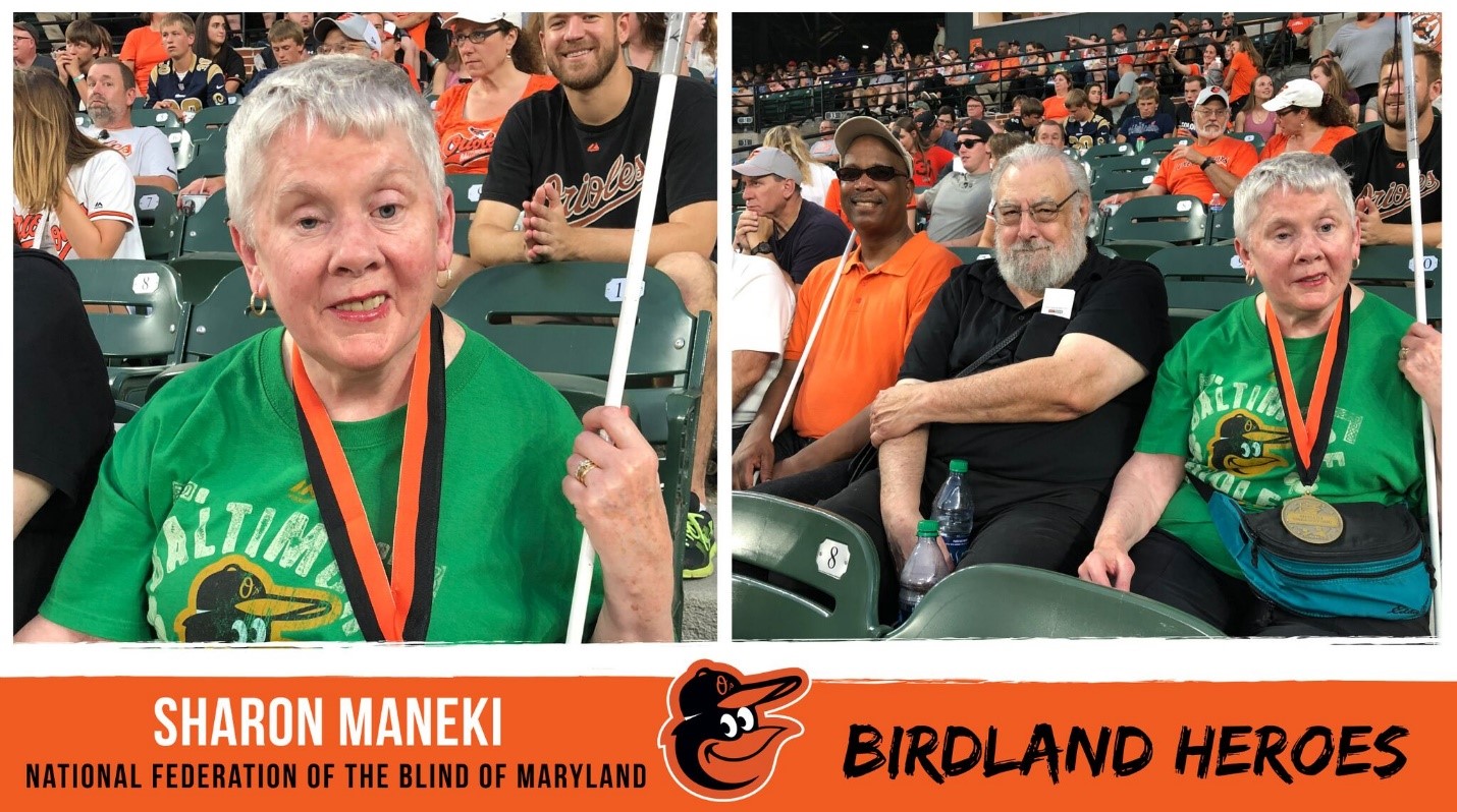 Sharon Maneki (shown on left) was recognized by the Baltimore Orioles with the Birdland Hero Community Service Award on June 29, 2018.  Right photo shows Anil Lewis, Richard Scalzo and Sharon Maneki as they cheer the Orioles playing the L.A. Angels on June 29, 2018. 